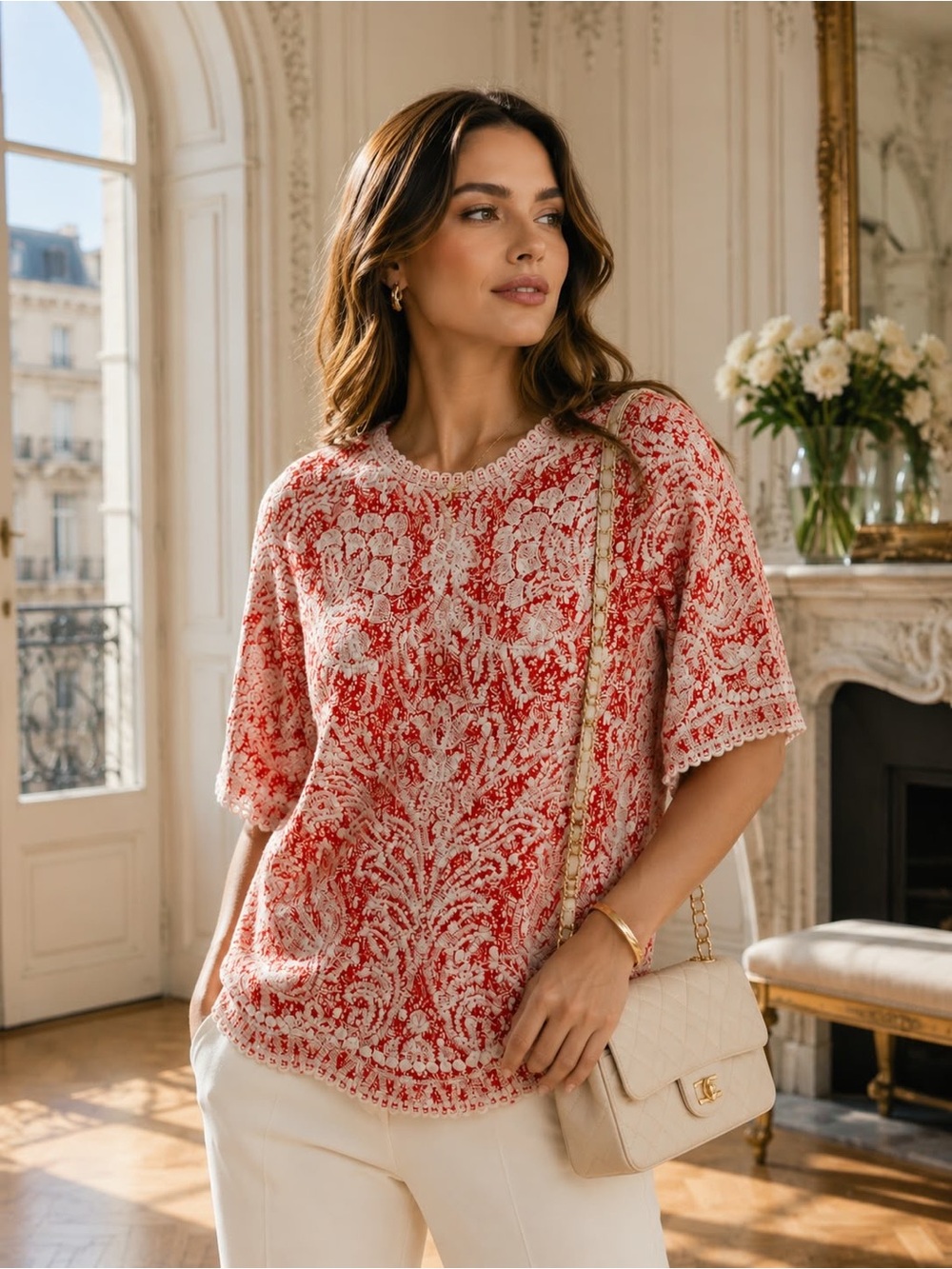SOLITAIRE by Anthropologie Red & Cream Embroidered Top – Size M, Lg